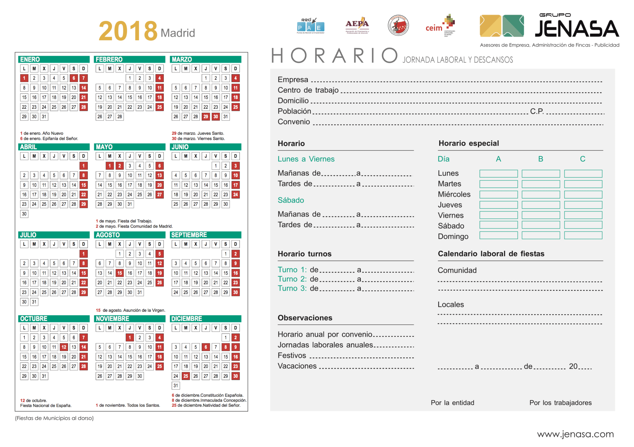 Calendario Laboral 2018 Comunidad de Madrid