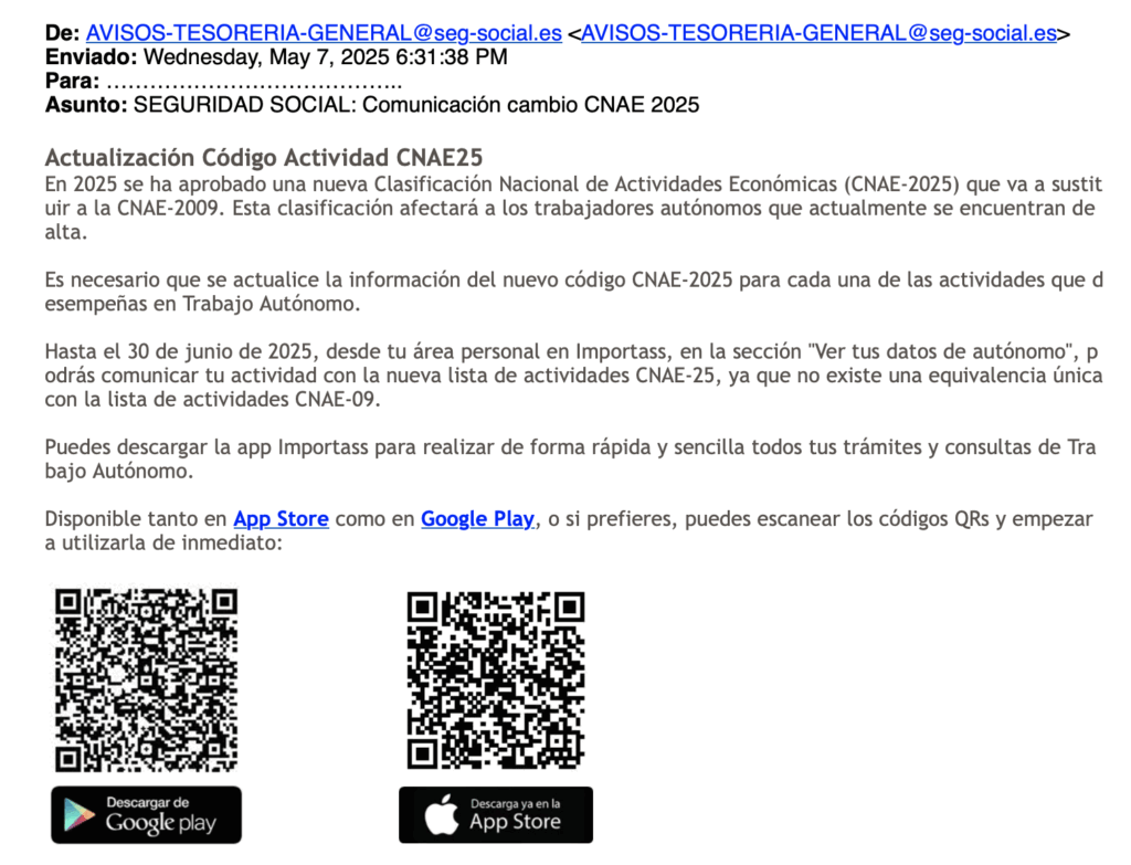 Comunicado oficial de la TGSS sobre la actualización del código CNAE de los autónomos
